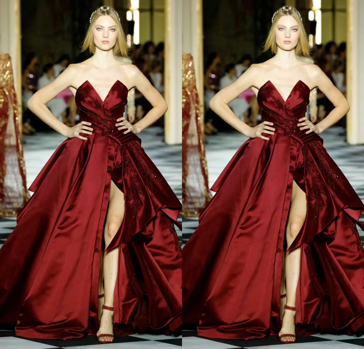 Zuhairmurad personnalisé robe de bal rouge robe de soirée sans bretelles robe formelle Satin fendu appliques robe de demoiselle d'honneur