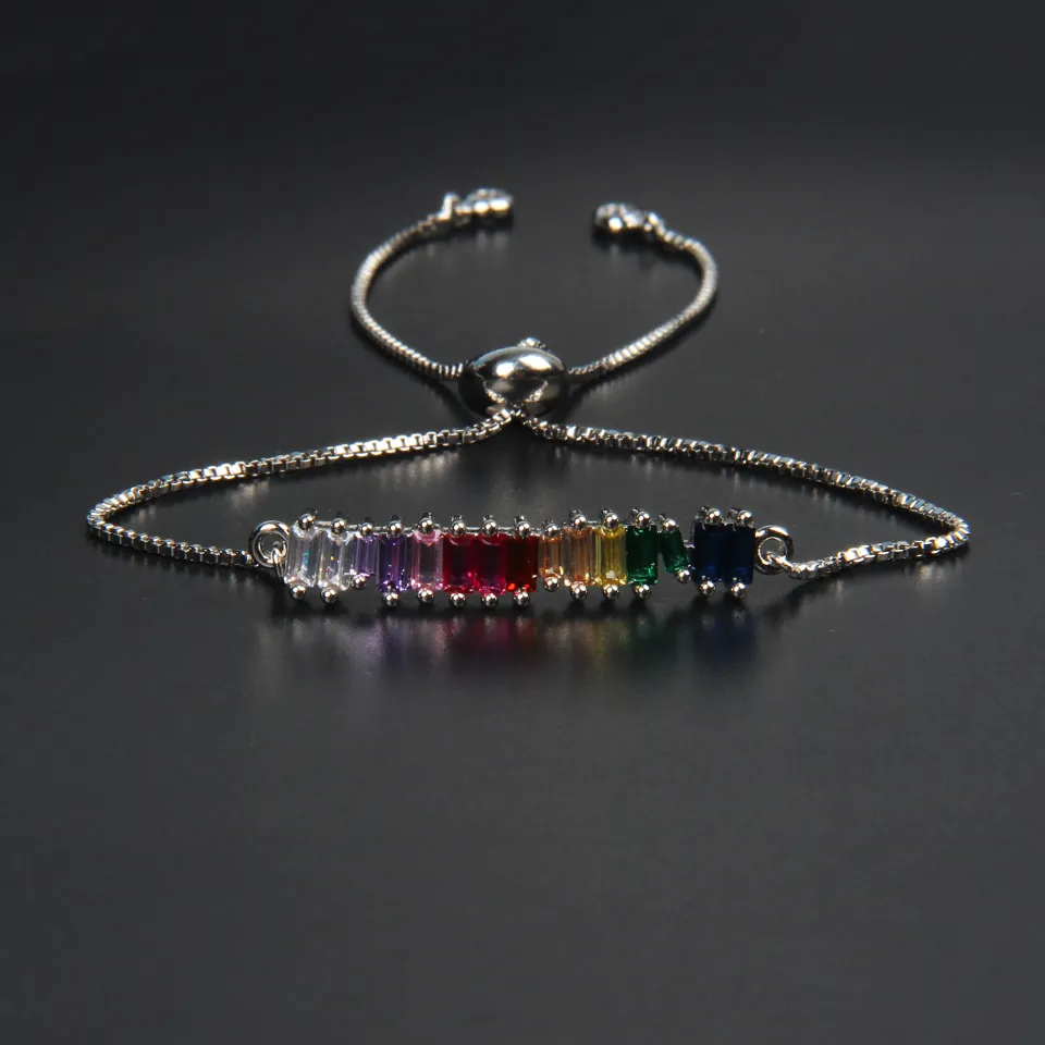 Newst Rainbow Cz Bar Chain Bracelet for Women Rainbow Princess Cut Adjustable Cz Stainless Steel Charm Bracelets Men's Gift