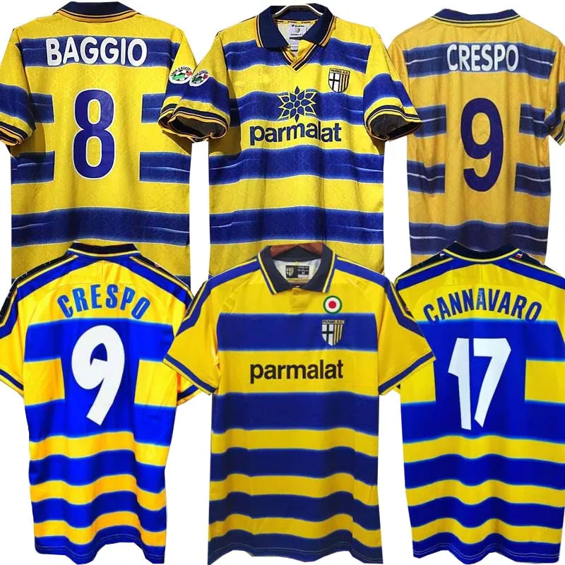 Risparmia alla grande su PARMA RETRO SOCCER MAGLIA CASA 95 2000 |Fuser,  Baggio, Crespo, Ortega, Cannavaro, Buffon, Thuram |Camicia Da Calcio in  grandi