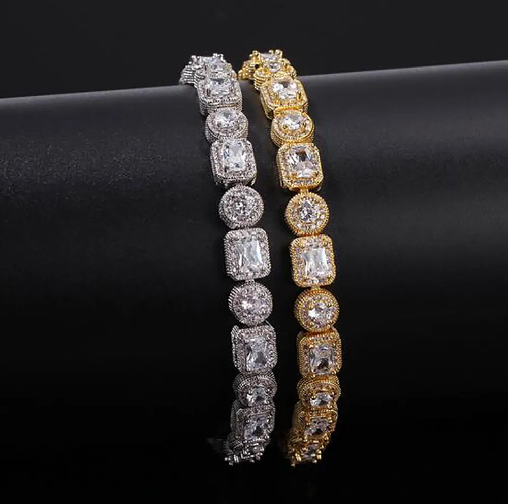 남자 스퀘어 라운드 혼합 다이아몬드 팔찌 블링 Tenns 팔찌 골드 실버 8 "인치 8mm Simulate Dimonds Bangles Braceles