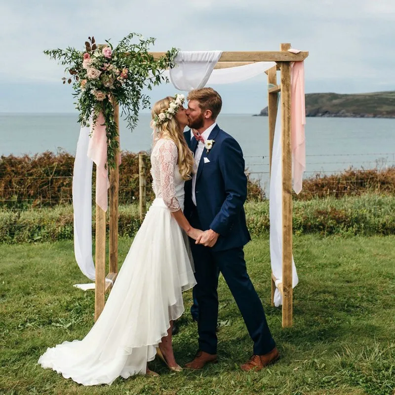 2020 Illusion Lace Chiffon Hi Low Beach Wedding Bohemian Wedding Dress With Long Sleeves And Unique Neckline From Lovemydress 73.69 DHgate.Com