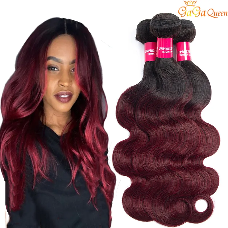 Brésil Ombre cheveux 1B / 99J du corps vague 3 Bundles année 8A non transformés Vin de Bourgogne Rouge Ombre Tissages Extensions de cheveux humains Longueur 10-24 pouces