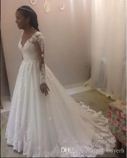 White A Line Wedding Dresses Tulle Long Sleeve Sweetheart Drop Waist 2019 Lace Applique Wedding Bridal Gowns Nigeria With Beads