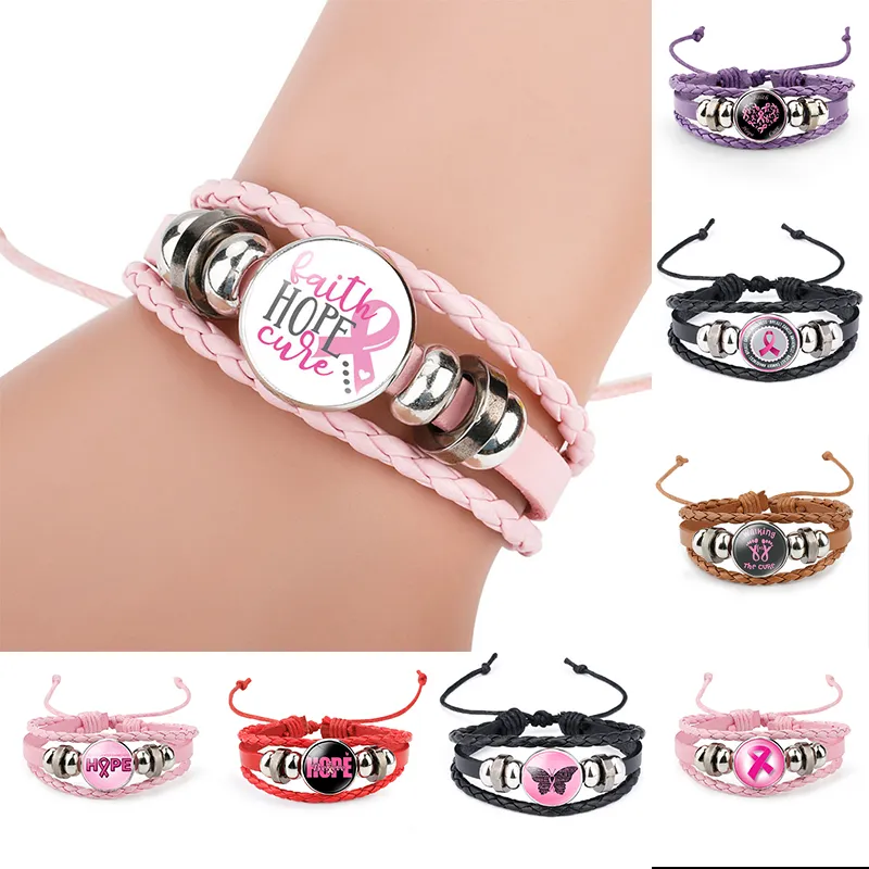 Sensibilisation au cancer du sein ruban rose bracelets à breloques pour les femmes marchant la guérison bracelet en cuir bracelet mode croire espoir foi bijoux