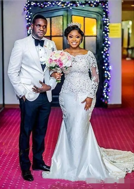 Bridesmaid Dresses Ghanaian Wedding Dress Designers African Lace Applique  Wedding Dress Long Sleeve Satin Mermaid Sheath Gown With Beaded Sweep Train  Arabic Bridal Vestido De Novia From Babyonline,