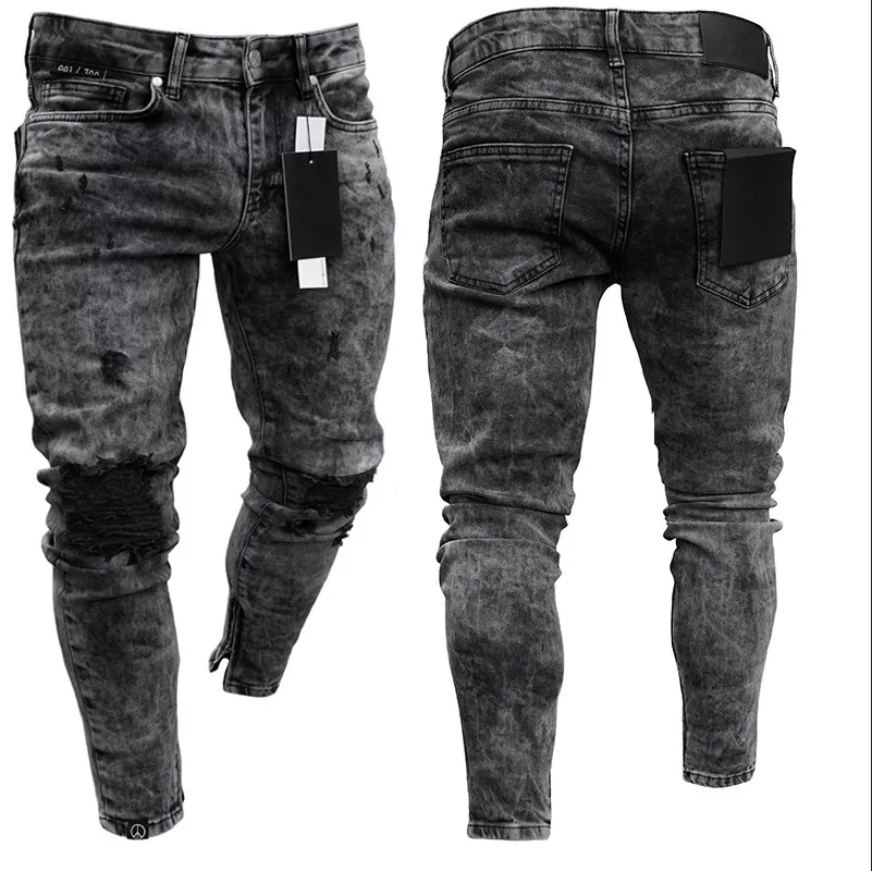 Men Seasons Denim Pants Distressed Freyed Slim Fit Casual Trousers Stretch Ripped Black Jeans Male Denim Pants