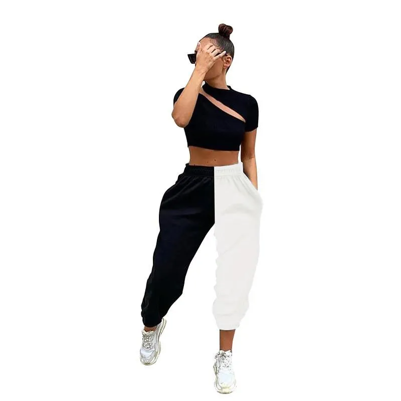 Calças mulheres Hip Hop cintura alta Sweatpants Black White Patchwork moda esporte casual solta calças compridas