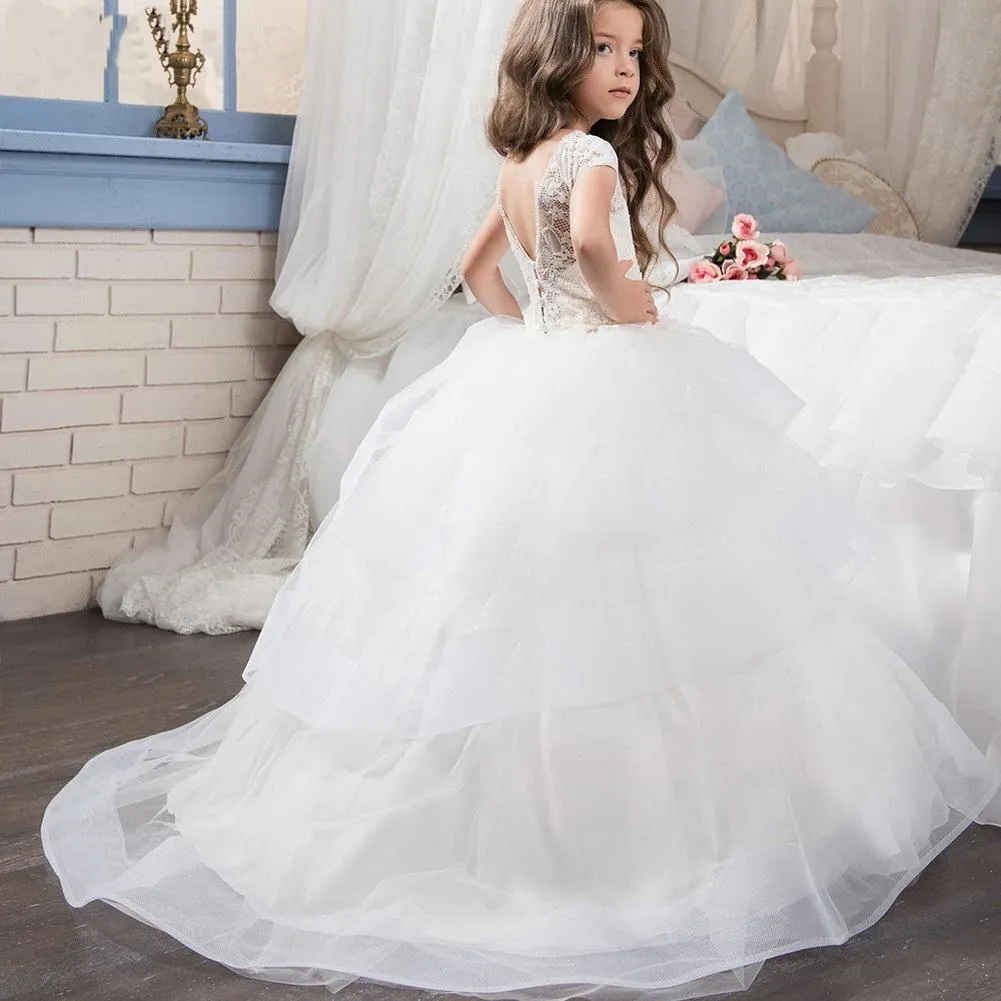 2020 tanie biała kwiecista dziewczyna sukienka sukienka Puffy Wedding Party Dress Girl Pierwsza komunia Eucharyst