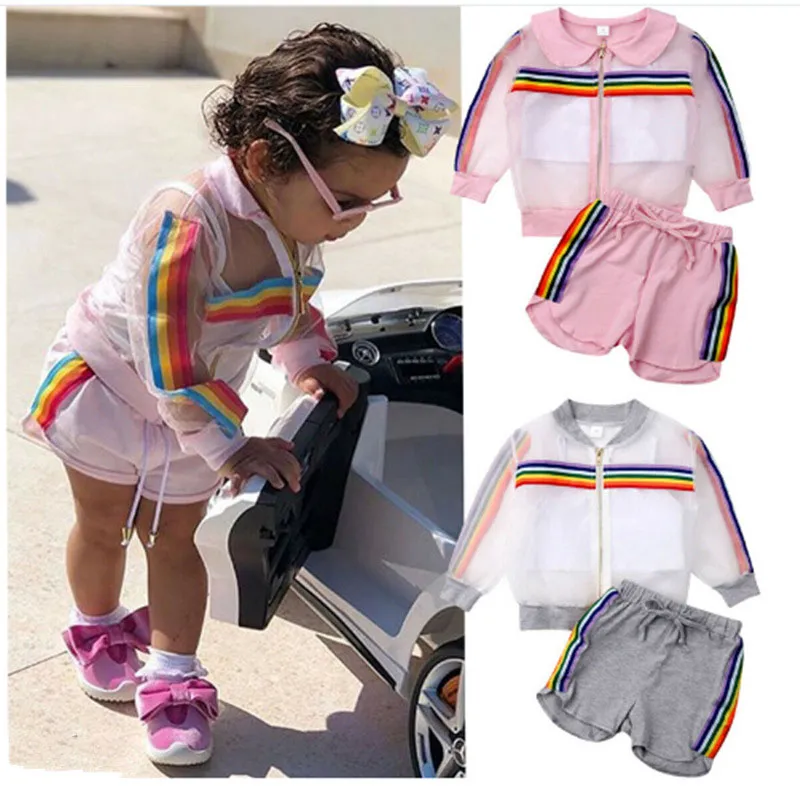 children Rainbow stripe coat+vest+shorts 3pcs set kids designer clothes girls outdoor sport outfits 2021 summer baby Clothing C6583