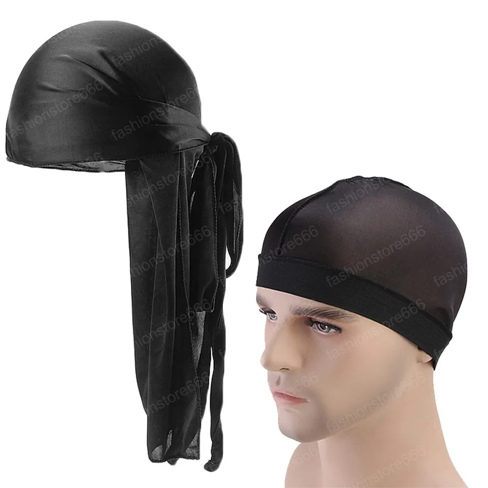 Turbante transpirable de satén largo Durag Unisex, sombrero de pirata de trapo Du para hombres, Hip Hop Durags 2 unids/lote