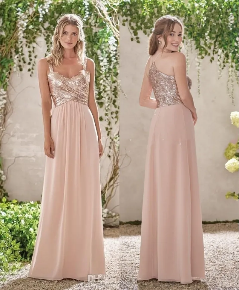 Yeni Gül Altın Nedime Elbise Bir Çizgi Spagetti Sırtsız Pullar Şifon Uzun Beach Düğün Gust Elbise Onur Gowns Hy234
