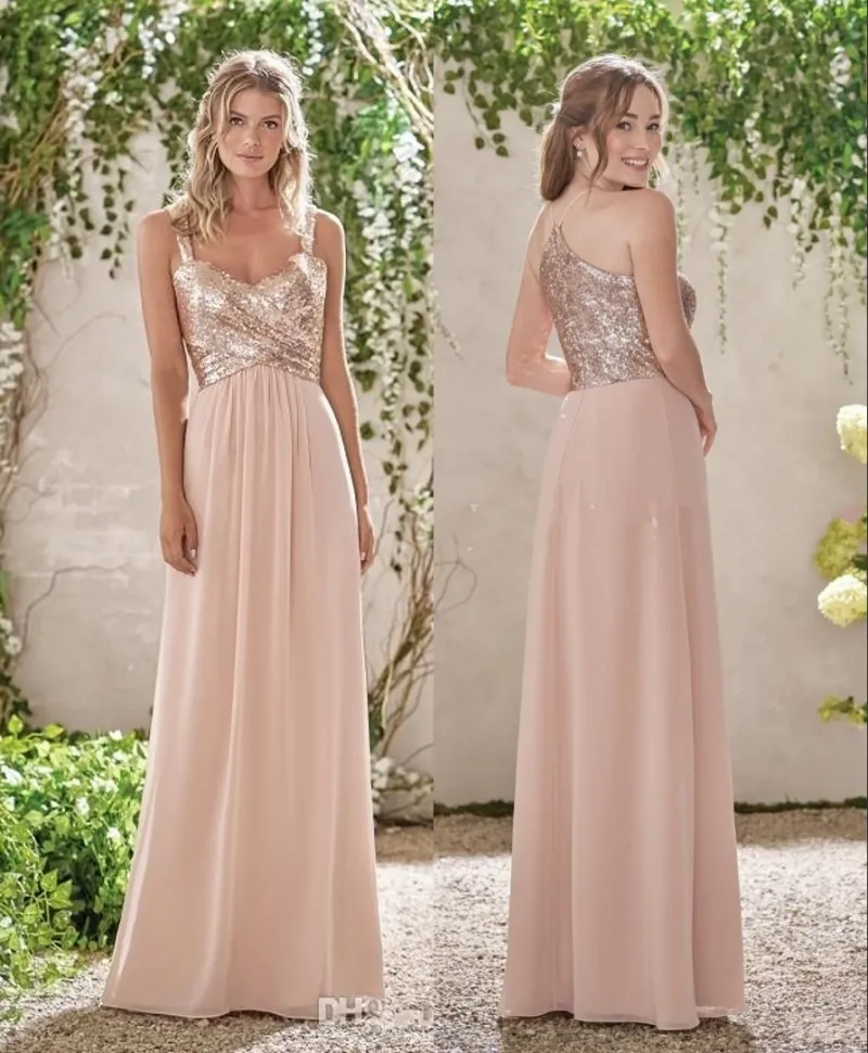 Nuovi abiti da damigella d'onore in oro rosa A Line Spaghetti Backless Paillettes Chiffon Long Beach Abito da sposa Gust Abiti da damigella d'onore HY234