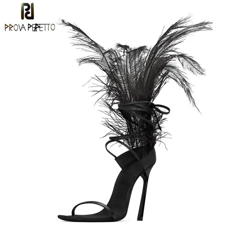 Sexy Black Feather Sandały Dla Kobiet Struś Włosy Dekoracje Cienkie Wysokie Obcasy Buty Dance Damskie Futro Sandały Party Zapatos de Mujer CX200611