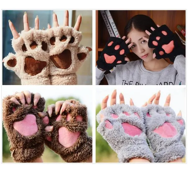 Women Cute Cat Claw Paw Plush Mittens Warm Soft Plush Short Fingerless Fluffy Bear Cat Winter Gloves Women guantes tacticos 14 Colors