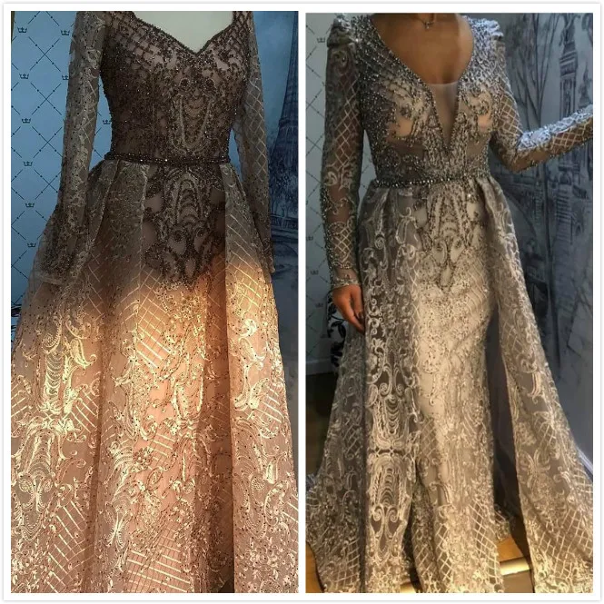 2020 Arabic Aso Ebi Luxurious Lace Beaded Evening Dresses Long Sleeves Mermaid Prom Dresses Sexy Formal Party Second Reception Gowns ZJ443