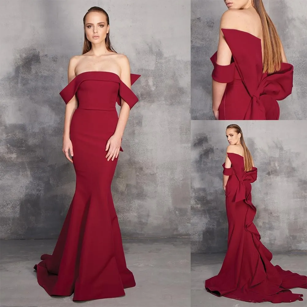 Elagent Dark Red Mermaid Prom Dress Mouwlooseff Schouder Satijnen Boog Plus Size Party Jurk Sweep Train Formele Jurk Ogstuff Robes de Soirée