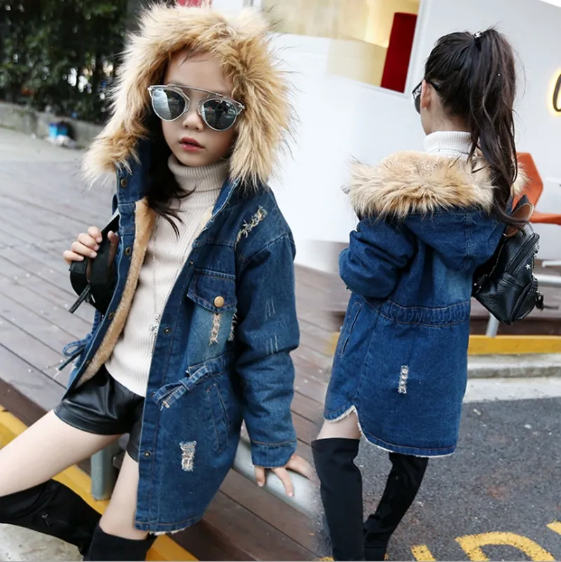 Crianças roupas de grife Meninas Inverno Denim Jacket além de veludo Crianças Coats Fur menina revestimentos encapuçados Inverno Casacos Kids Clothing DW4730