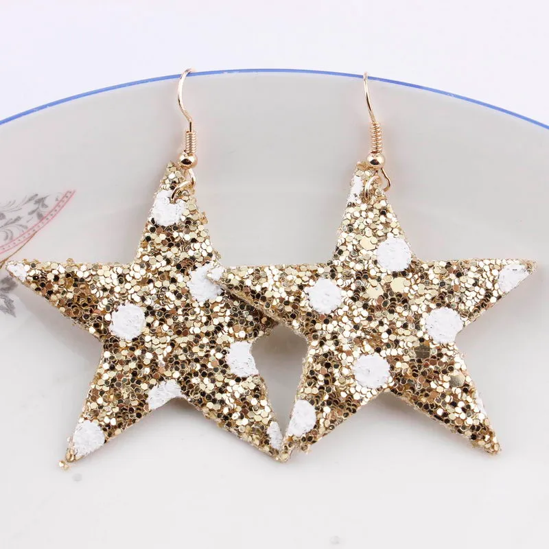 Fashion- Gifts for Girls Glitter Star Pu Leather Drop Earrings for Women Fashion Boho Earrings Christmas Jewelry