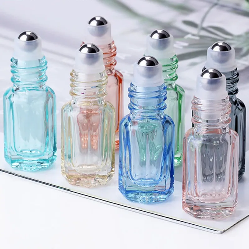 Essential Oil Diffuser 3ml Glass Roll on Perfume Bottles with Crushed Natural Crystal Quartz Stone Crystal Roller Steel ball black cover