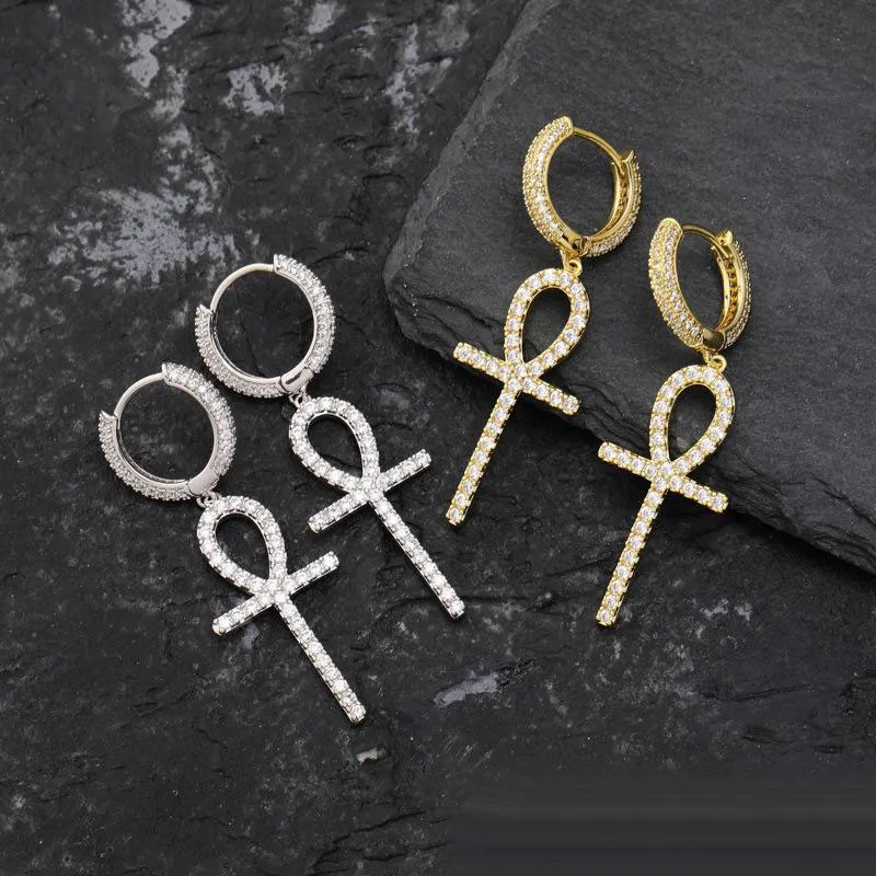 Boucles d'oreilles croix Ankh en Zircon glacé, couleur or argent, Micro pavé, pierre CZ scintillante, bijoux Hip Hop pour hommes et femmes