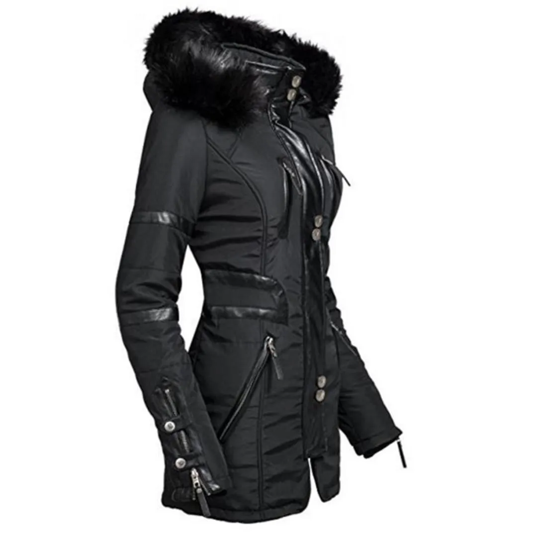 Rosetic Women Black Coat Winter Long Sleeve Hooded Mid Length Women s Jacket Fur Warm Thick Slim Gothic Female Zipper Coat New