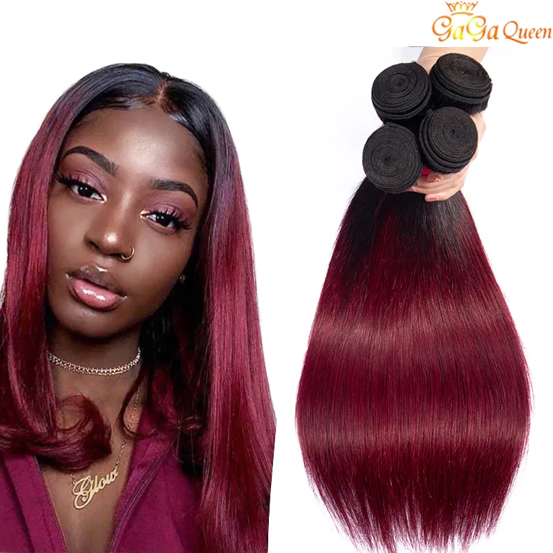 Ombre Human Hair Bundles: 1B/99J Burgundy Straight Brazilian Weave