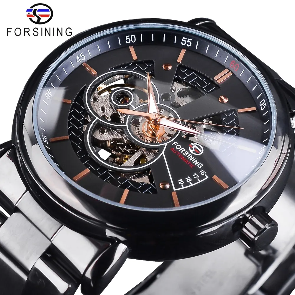 Forsining Racing Sport Watch Fashion Full Black Clock Stainless Steel Luminous Men 's Automatic Watches Top Brand Luxury