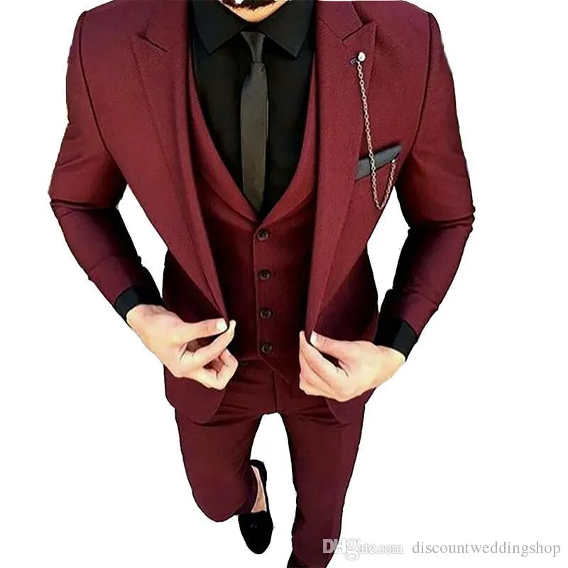 Yeni Geliş Damat smokin Bir Düğme Burgonya Tepe Yaka Groomsmen Düğün Erkek Blazer Parti takımları (Ceket + Pantolon + Vest + Tie) J731