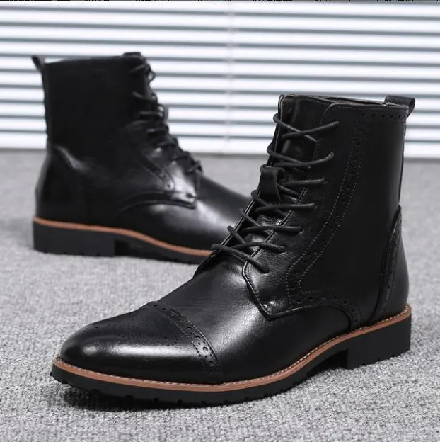 Hot Sale-Men Pu Leather Lace-up Men Shoes High Quality Men Vintage British Military Boots Autumn Winter Plus Size