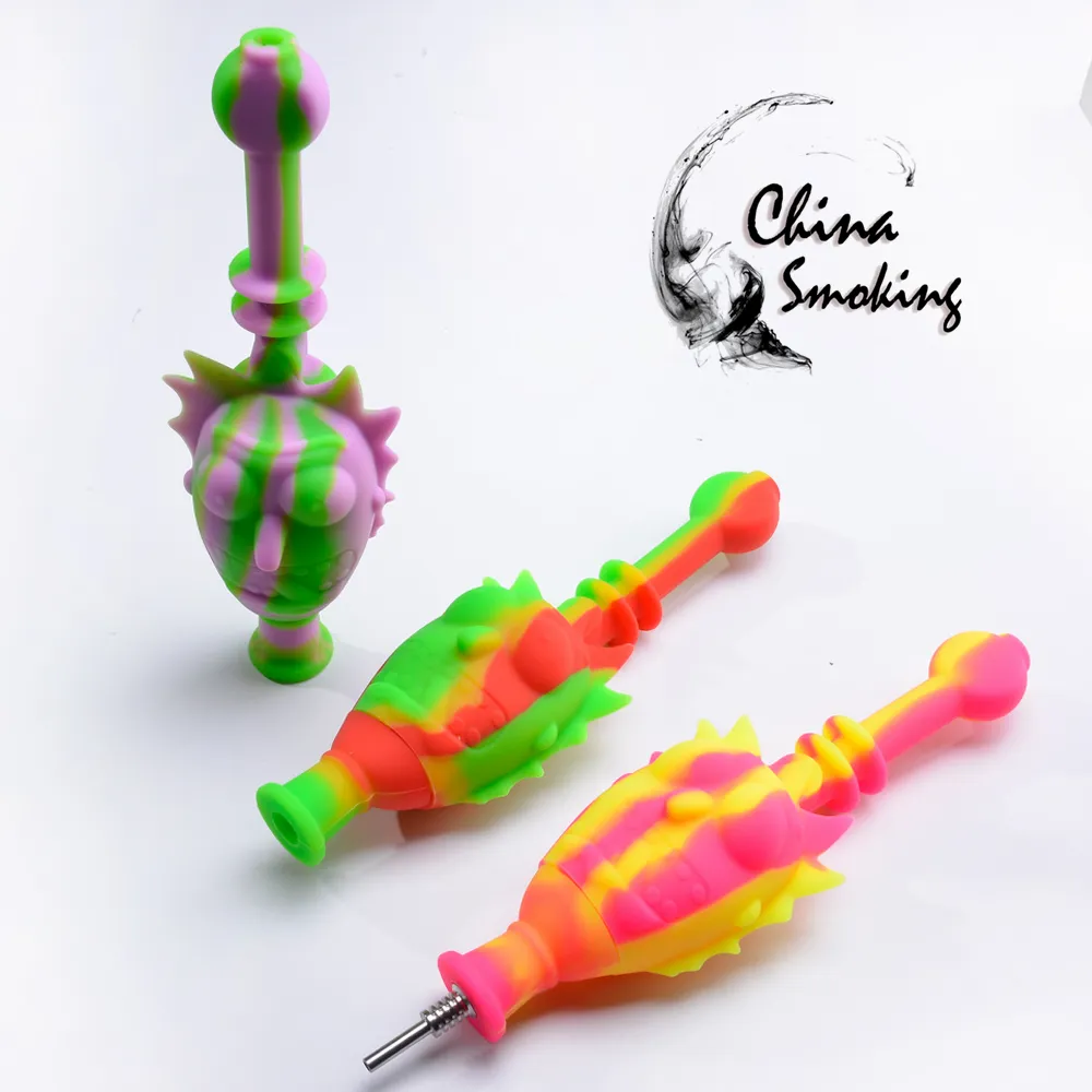 Siliconen DAB RIGHT Hand pijp 7.5 "Silicone Bong Unbreakable Bongs met Stailess Steel Tip Mini Neatar Kit