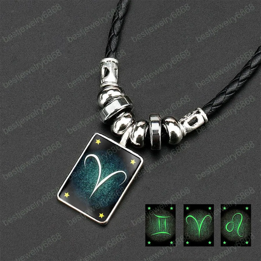 Glow in the Dark Zodiac Necklace: Luminous Constellation Obsidian Pendants  for Men Women Fashion Jewelry, Leather Rope Chain, Bulk Available