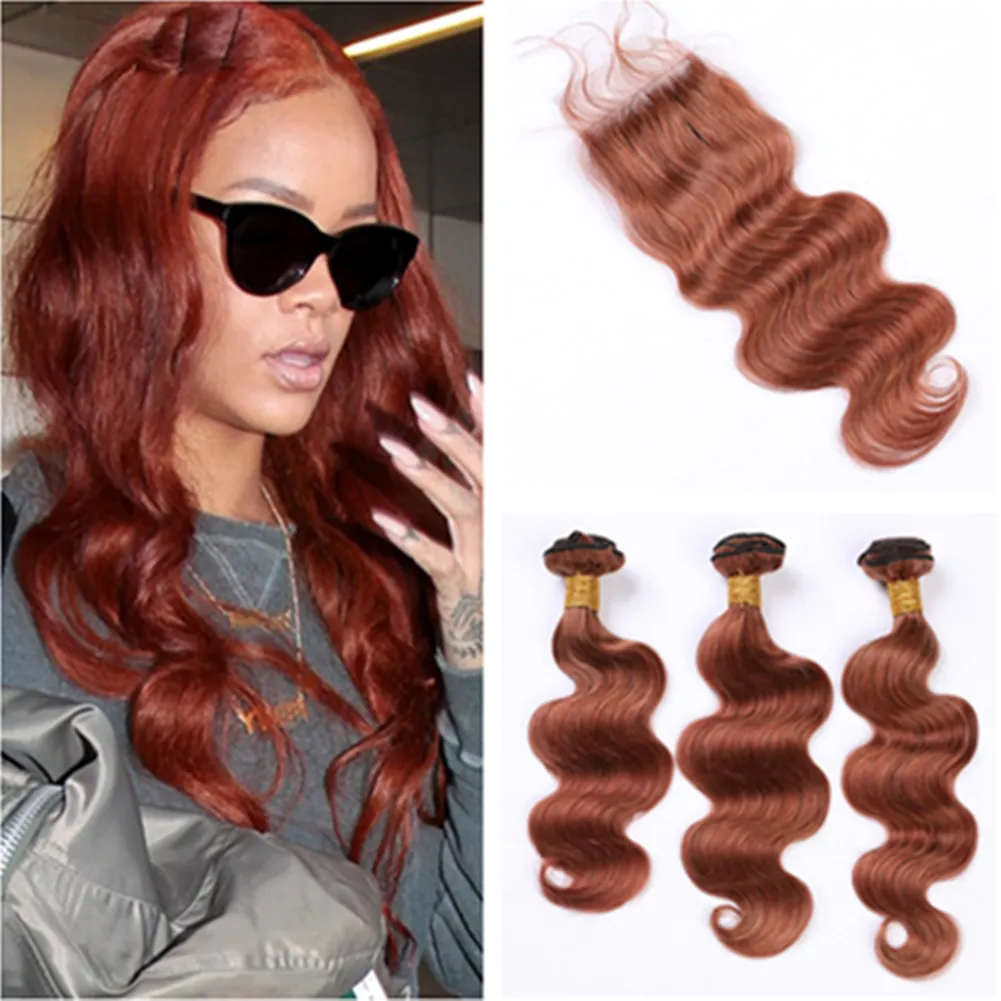 Bundles de cheveux roux cuivrés avec fermeture # 33 Dark Auburn Peruvian Body Wave Tissages de cheveux humains avec fermeture Fermeture en dentelle brun rougeâtre 4x4 "