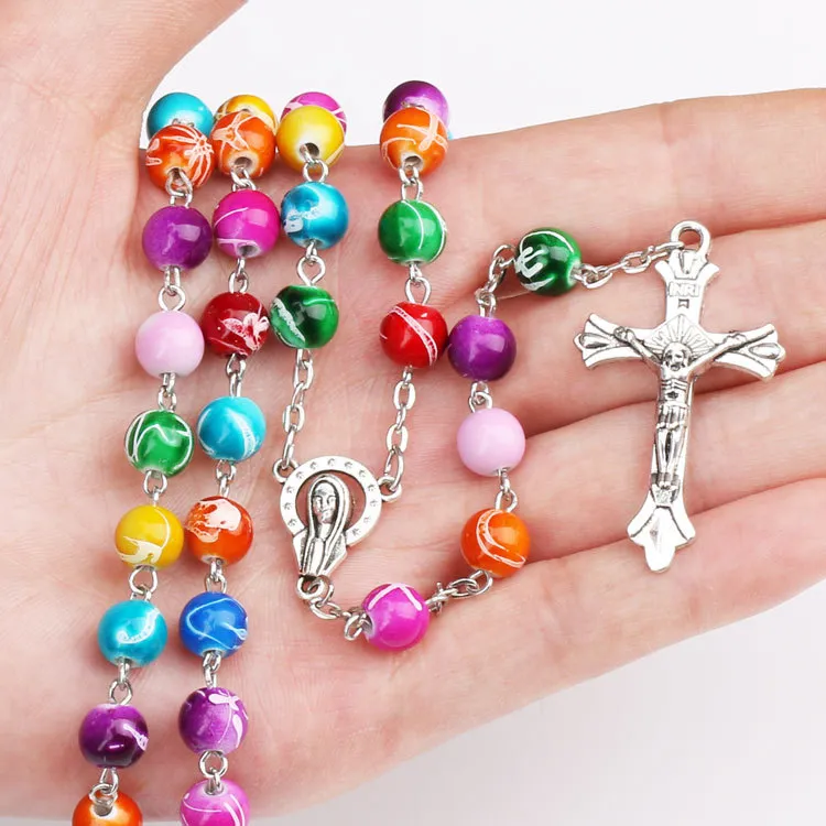 New Religious Catholic Rainbow Rosary Long Necklaces Jesus cross pendant 8MM Bead chains For women Men s Fashion Christian Jewelry