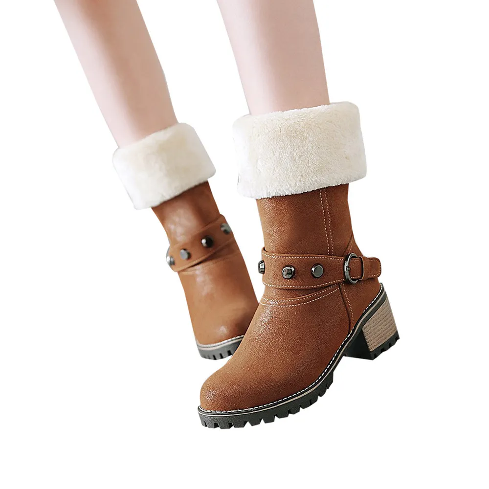 Hot Sale 2019 Fashion Women Mid Calf Boots High Heels Leather Women Winter Warm Boots Thick Heel Round Toe High Heels