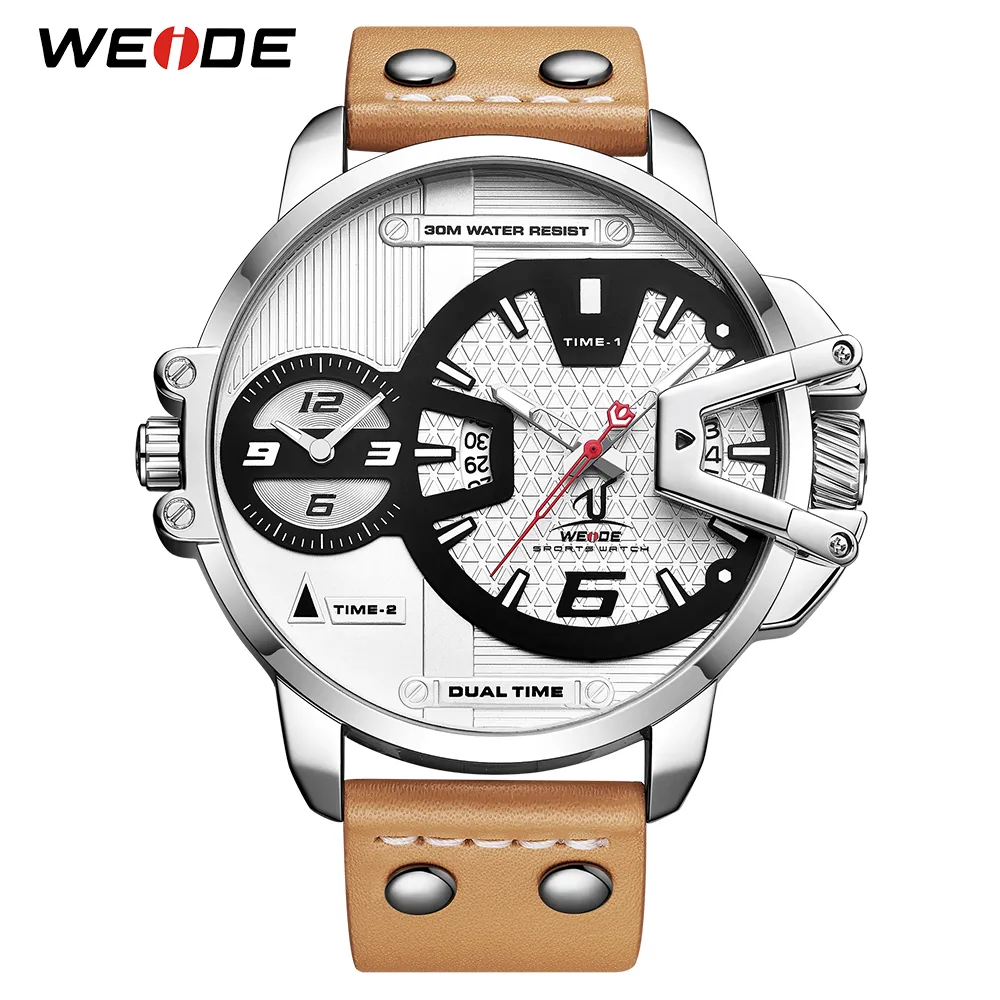 Weide رجل الفاخرة الرياضة العسكرية بو براون حزام جلد سوار الفرقة الكوارتز حركة التناظرية ساعة المعصم relogio masculino