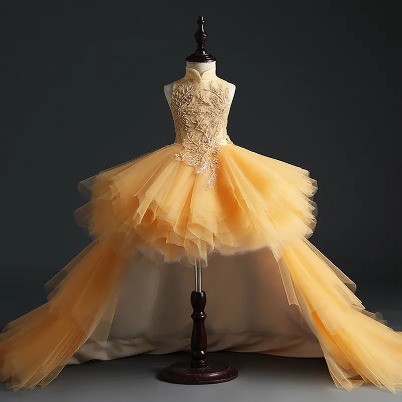 Пушистые золотые тюль девушка пагентное платье платье день рождения вечеринка платье hi-lo sequin бусины цветы девушка принцесса платье детей первое причастие платья