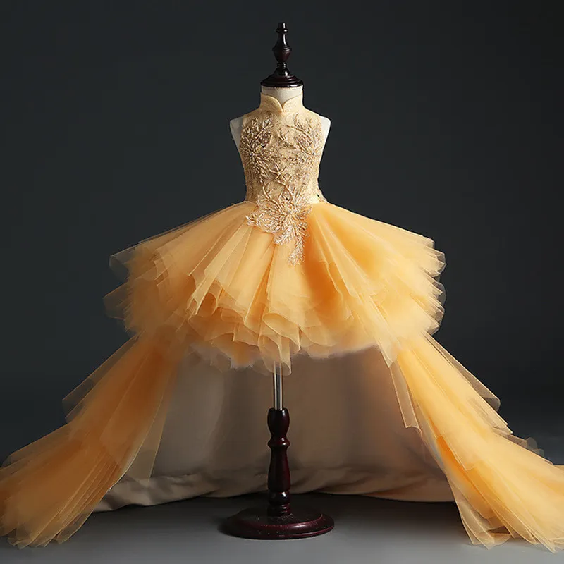 Fluffy Gold Tulle Girl's Pageant Dress Birthday Party Dress Hi-Lo Sequin  Beads Flowers Girl Princess Dress Kids First Communi213G