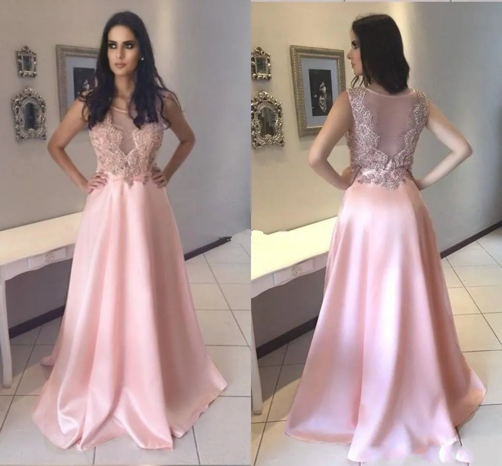 2019 Árabe De Lujo De Color Rosa Vestidos De Noche, Joya, Cuello, Apliques De Satén Con Espalda Transparente, Una Línea Más El Tamaño, Fiesta De Vestidos De Desfile De