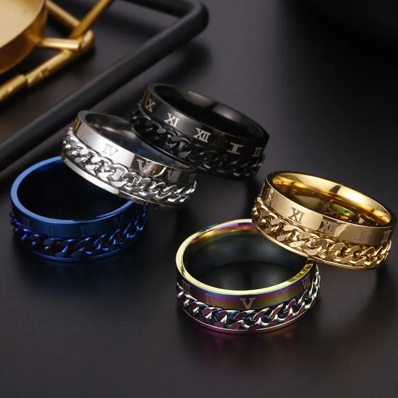 Roman Numerals Rotatable Ring band relieve pressure Stainless Steel Spin Chain Rings Men Women Will and Sandy fashion jewelry