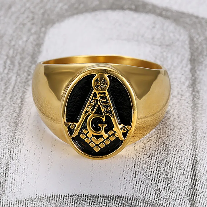Klasik Altın Renk Paslanmaz Çelik Masonik Yüzükler Erkekler Için Freemason Symbol Ag Tapınakları Masonluk erkek Yüzük Takı Toptan