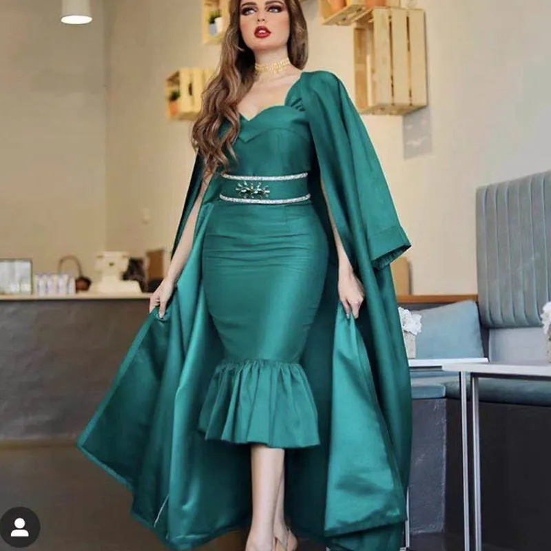 Elegancki Hunter Green Caftan Dress Dubai Mermaid krótkie sukienki z Caped Plus Size Robe de Soiree 2020 Vestidos