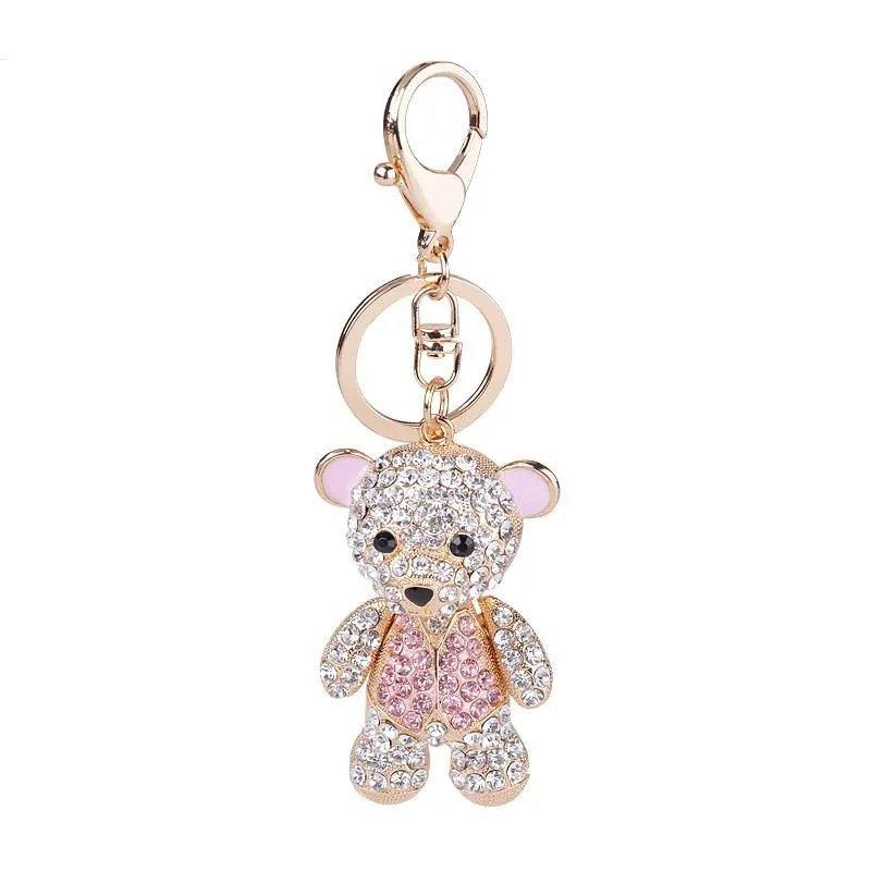 Fashion Animal Design Keychains Sparkling Full Rhinestone Teddy Bear Pendant Gold Color Metal Key Chain Rings for Women Handbag