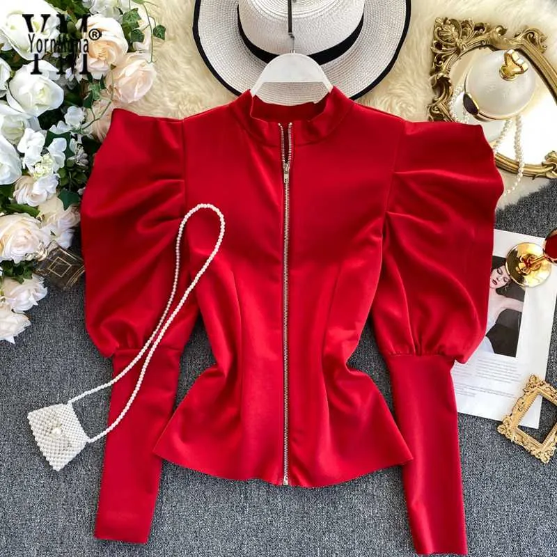 YornMona Gute Qualität Zipper Design Puff Sleeve Bluse Shirt Gothic Ins Mode Frühling Herbst Rot Frauen Tops Damen Top Blusas