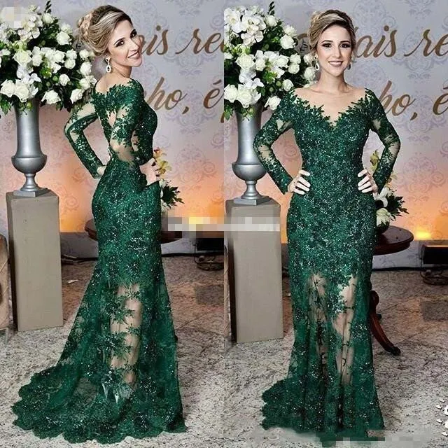 2023 Dark Green Mother of the Bride Dresses Sheer Jewel Neck Lace Appliques Långärmad sjöjungfru Formell Evening Prom -klänningar