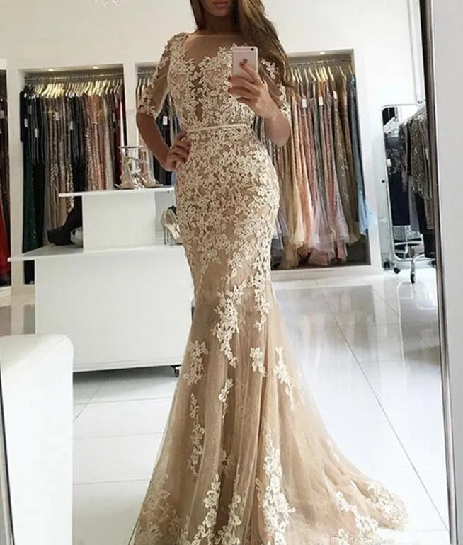 2018 Elegant Champagne Lace Mermaid Evening Dresses sheer neck Half Sleeves Open Back Prom Dress Long Formal Party Gowns floor length