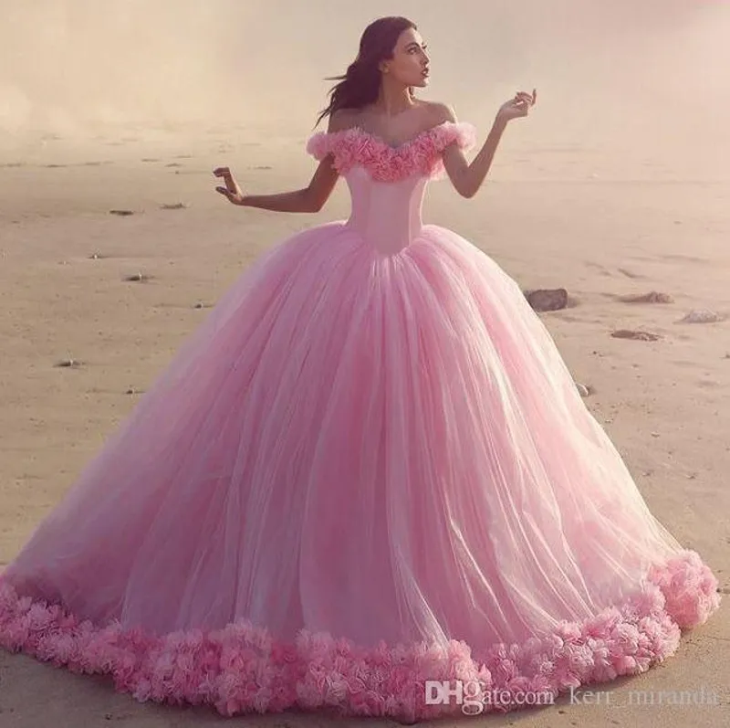 Tatlı pembe top vestidos de quinceanera kapalı omuz tul suave kabarık çiçek vestido de noche largo masal gelin dh366