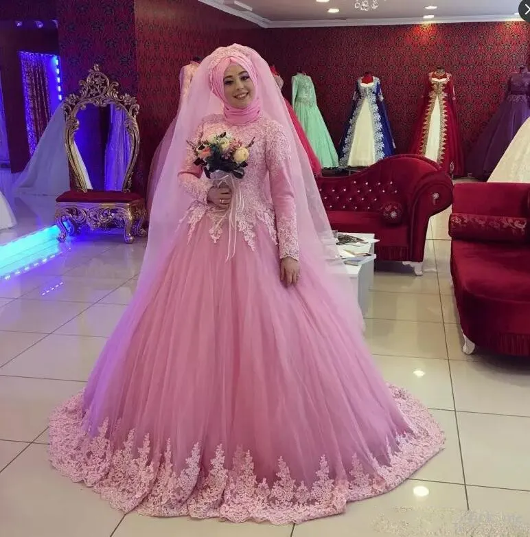 Rosa vestido de noiva 2019 vestidos de casamento muçulmanos vestido de bola alto mangas compridas mangas longas tule laço dubai árabe vestido de noiva vestidos de noiva
