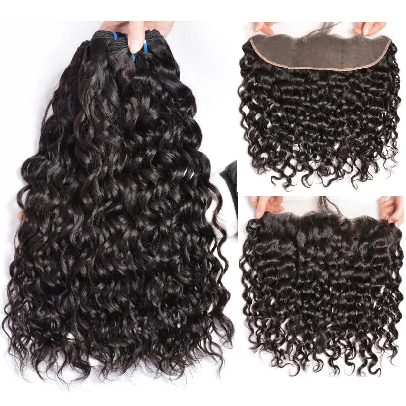 Wholesale Brazilian Human Hair Weave Water Wave Wet and Wavy Virgin Hair Bundles with 13X4 Ear To Ear Lace Frontal Closure
