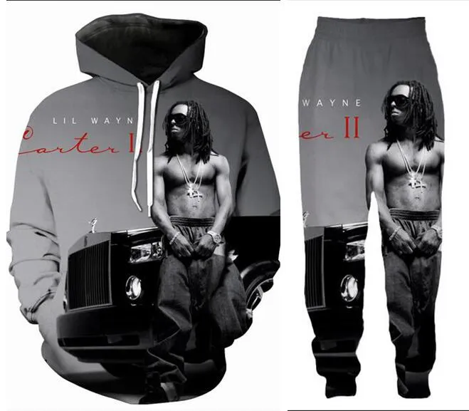 새로운 남성/여성 lil wayn 재미 있은 3D 인쇄 패션 Tracksuits Crewneck 힙합 운동복 및 바지 2 Pcs 세트 후드 TZ010