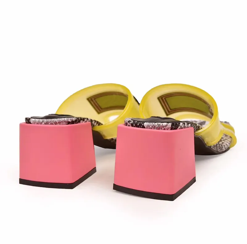 New Transparent Women Mid Heel Sandals PVC snakeskin sandals 100% leather High Heel Mules Slides luxury slipper size 34-42